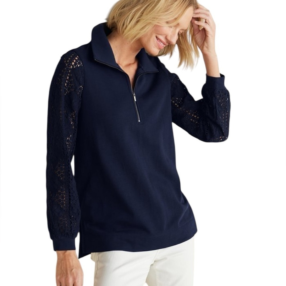 Soft Surroundings | Women’s Blue Crochet Sleeve French Terry Tunic Size Large